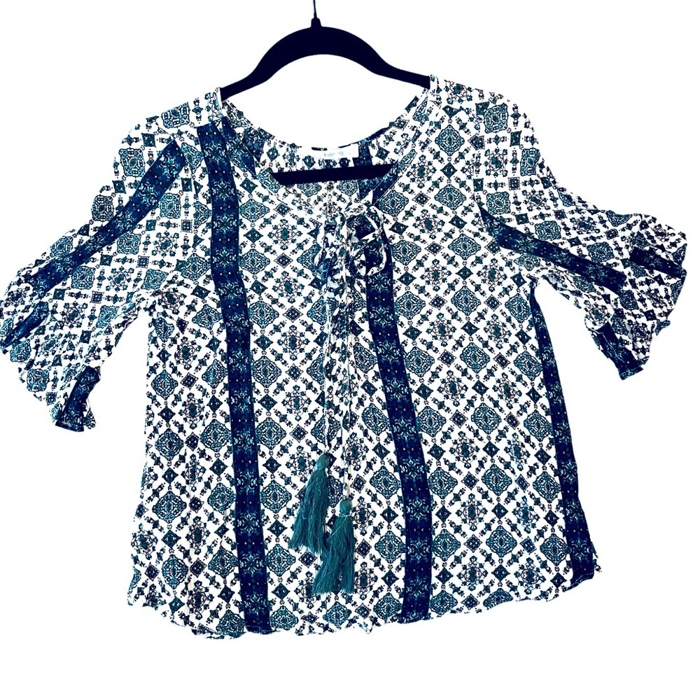 Boho Mediterranean Tile Print Bell Sleeve Blouse with Tassel Tie, Size S